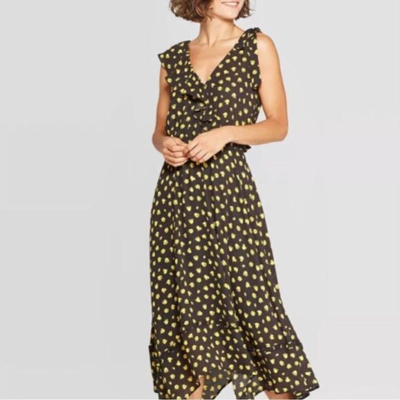 Who What Wear Dresses & Skirts - Who What Wear Yellow Black Ruffled Wrap Midi Dress
